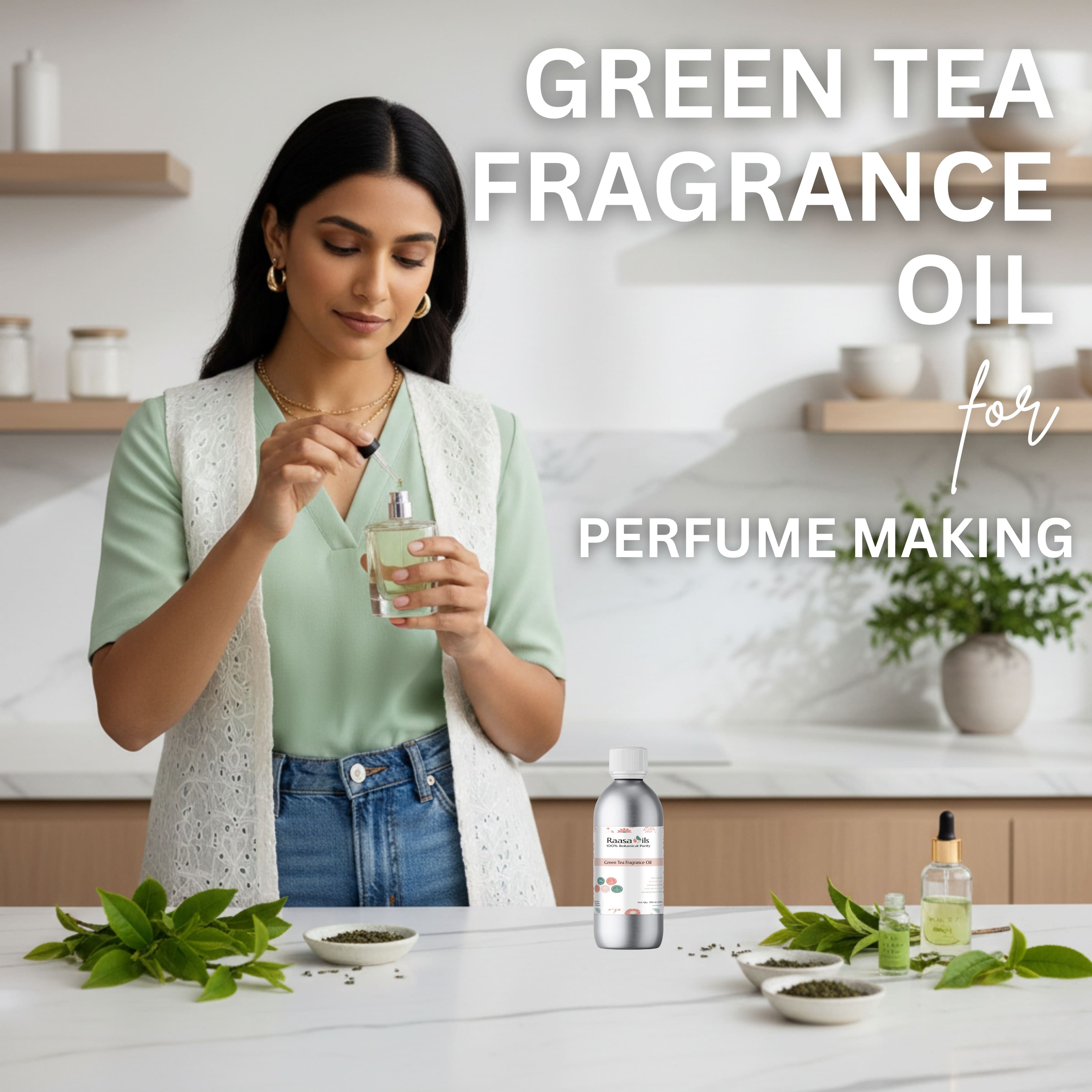 Woman in a kitchen holding a bottle of green tea fragrance oil with text about green tea fragrance oil for perfume making.