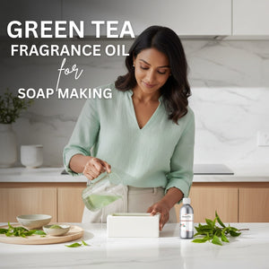 Woman in a kitchen preparing ingredients for soap making with text about green tea fragrance oil.