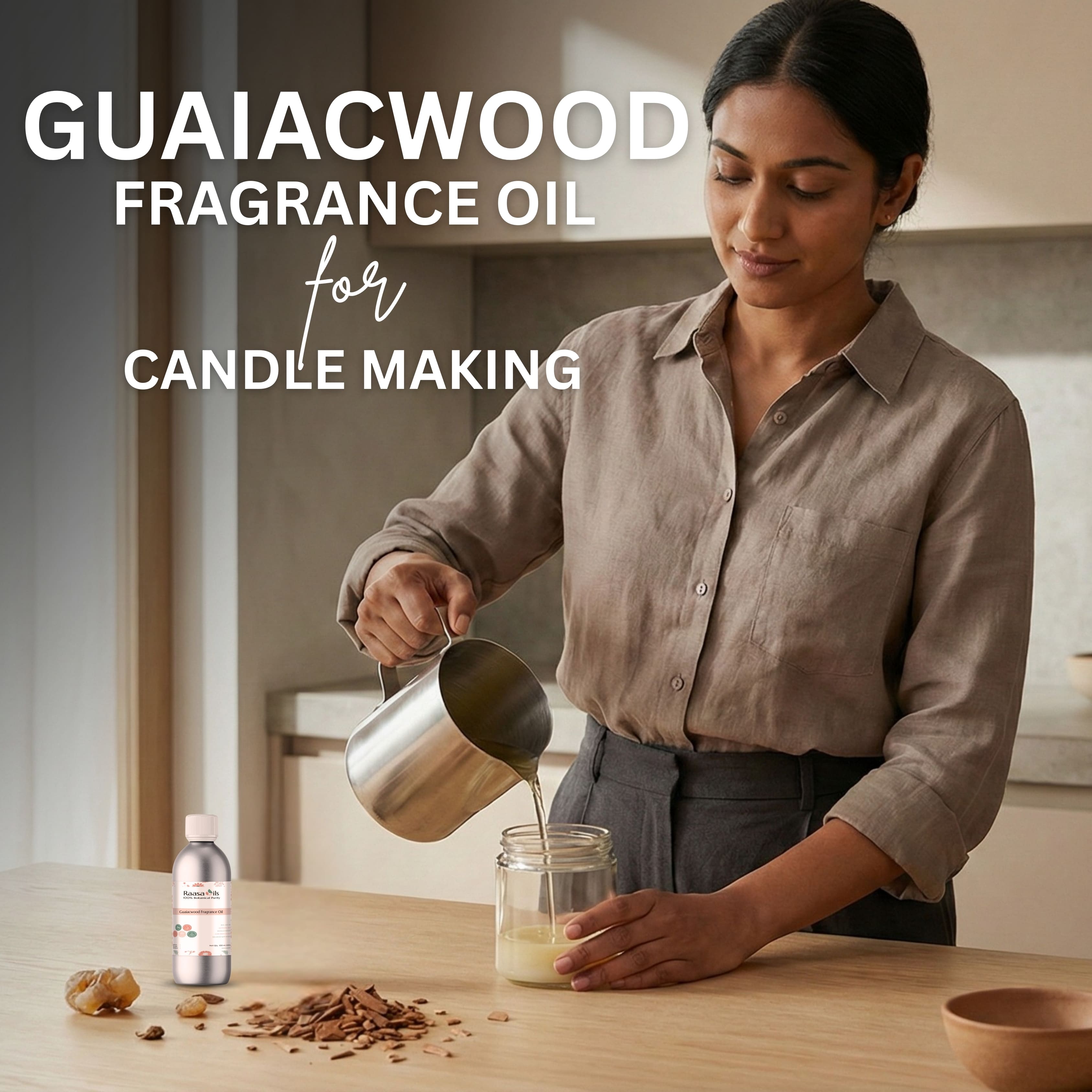 Woman pouring a liquid into a jar with text about guaiacwood fragrance oil for candle making.