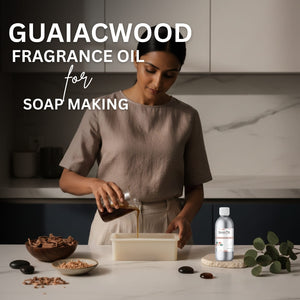 Woman pouring a liquid into a soap mold with Guaiacwood fragrance oil text overlay.
