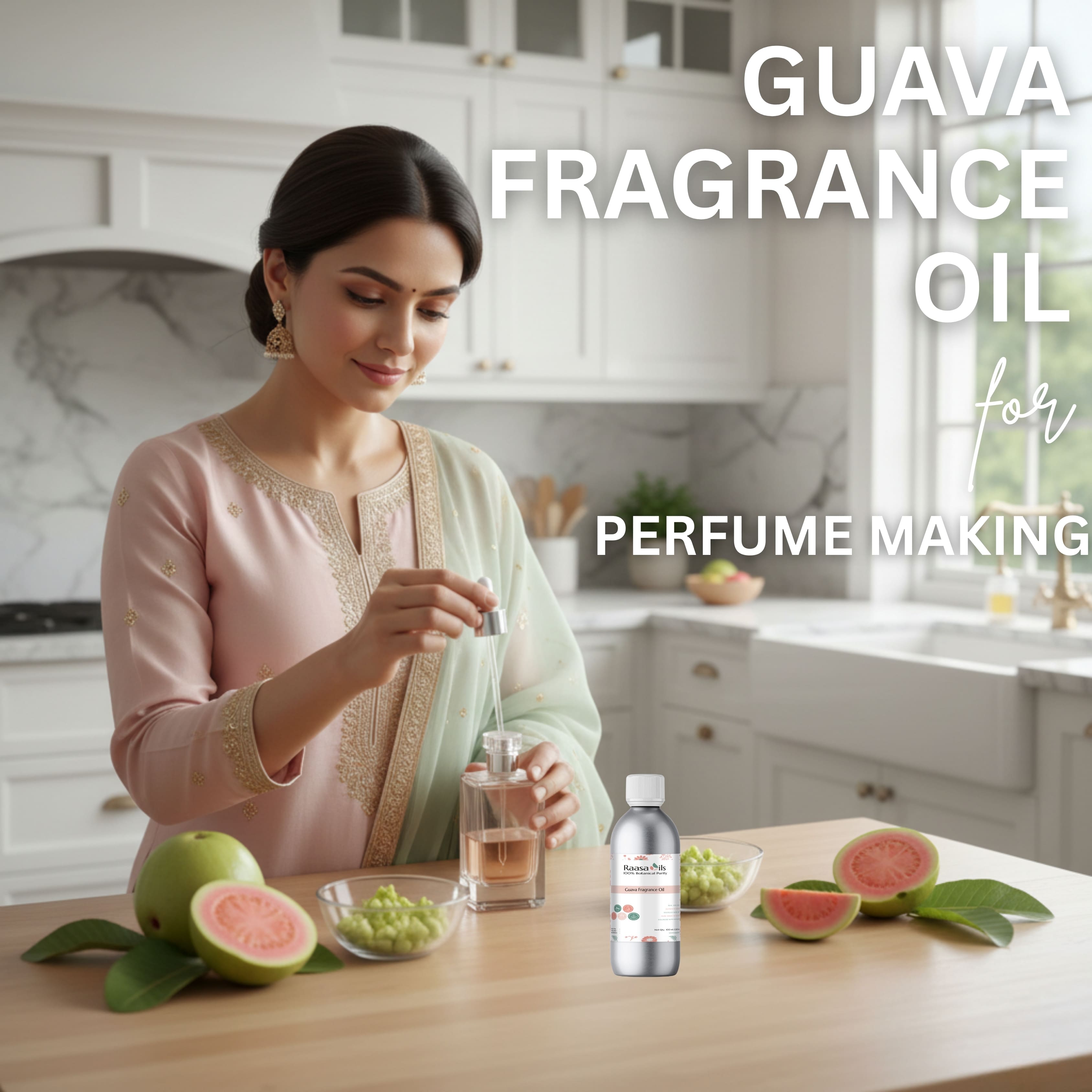 Woman in a kitchen preparing guava fragrance oil with guava fruits on a table.