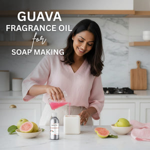 Woman pouring pink liquid into a container with guava fragrance oil for soap making.