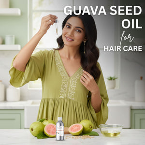 Woman holding a bottle of guava seed oil with guava fruits and oil in the background.