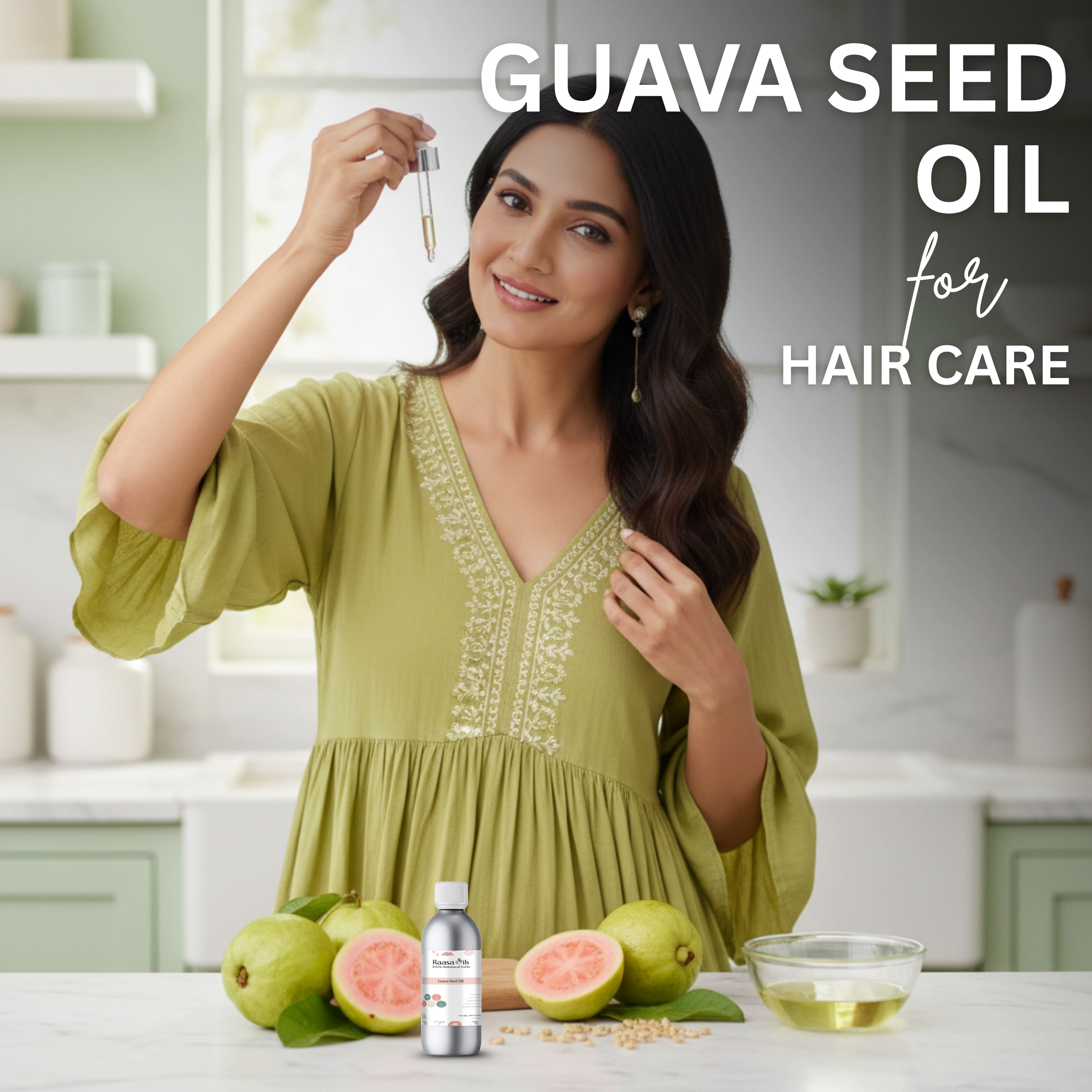 Woman holding a bottle of guava seed oil with guava fruits and oil in the background.