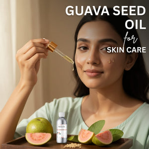 Woman applying guava seed oil to her face with a dropper, surrounded by guava fruits and seeds.