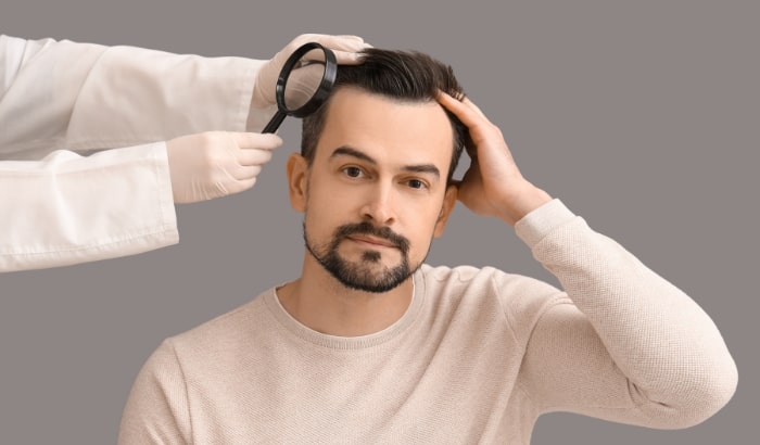 Man with a beard getting his hair examined by another person using a magnifying glass on a gray background