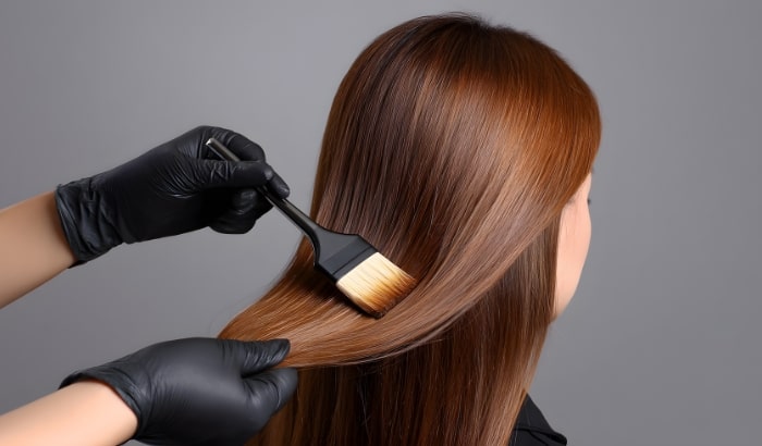 Person with black gloves applying hair dye to a client's hair against a gray background