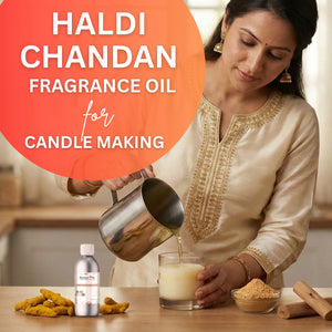Woman pouring liquid into a glass with Haldi Chandan fragrance oil for candle making.