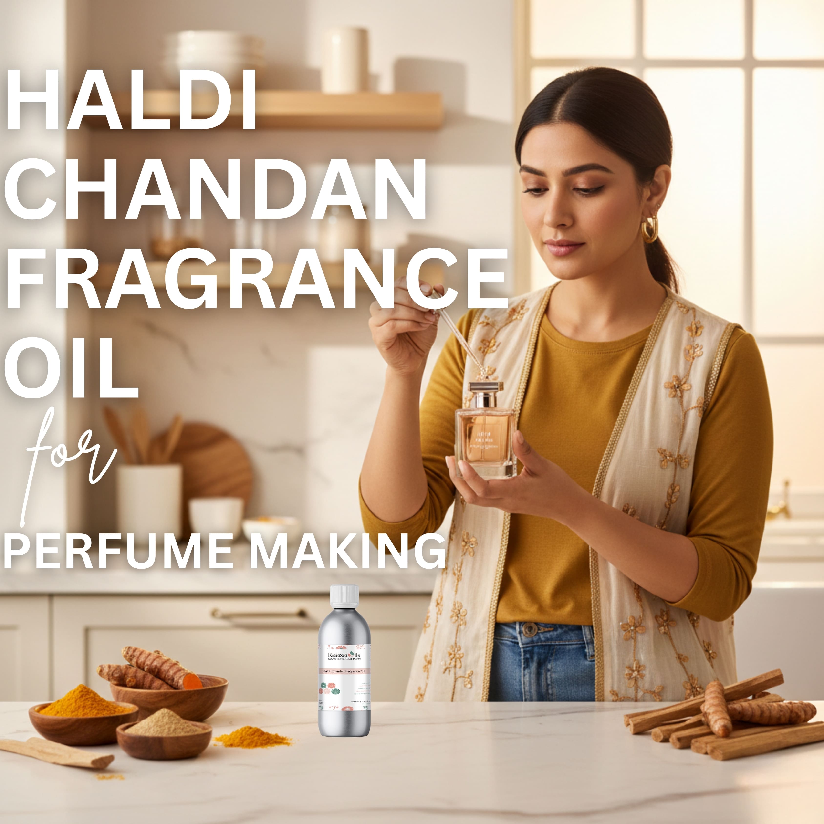 Woman holding a bottle of Haldi Chandan fragrance oil with ingredients on a table.