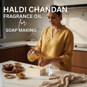 Woman in a kitchen preparing soap with Haldi Chandan fragrance oil, surrounded by ingredients.