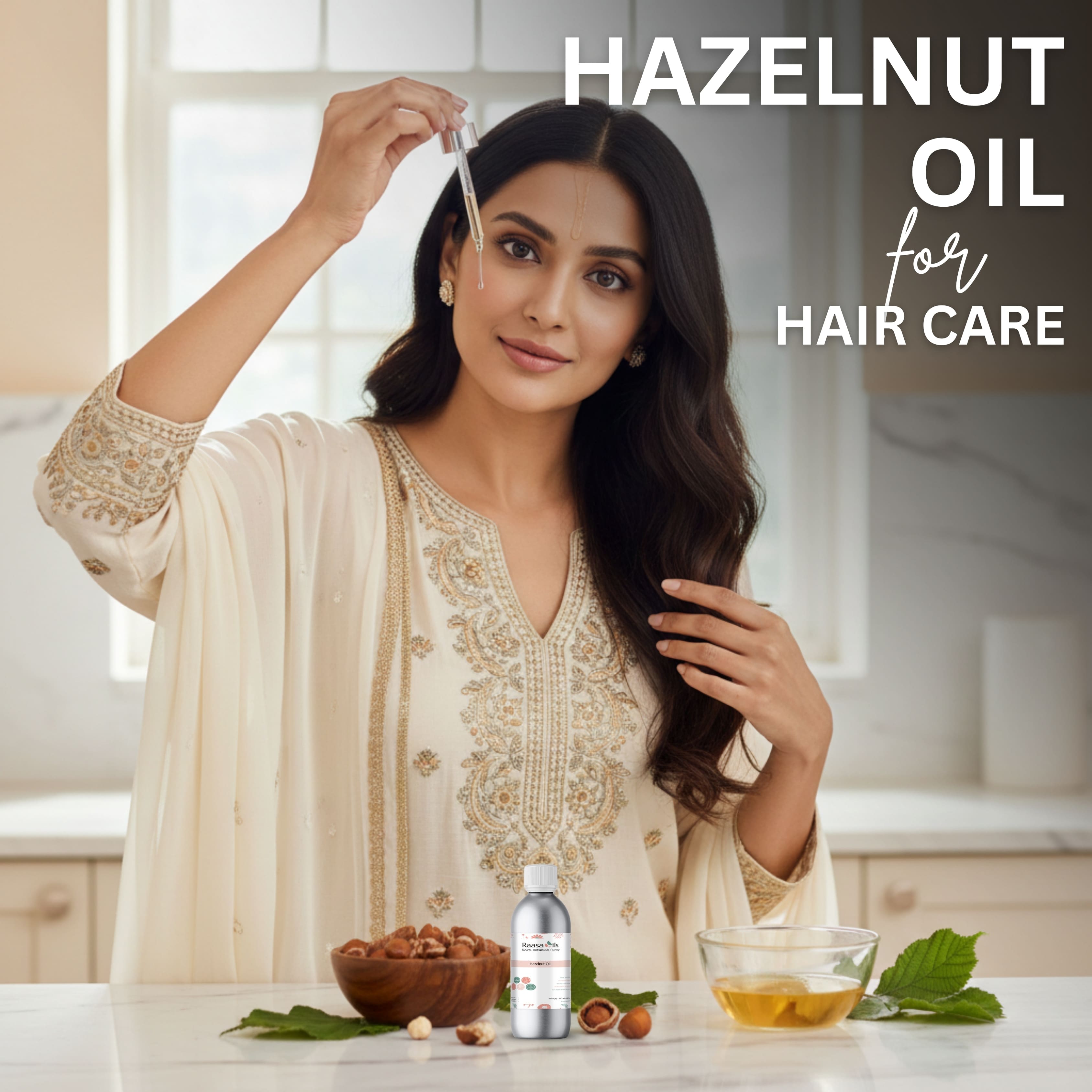 Woman with long hair holding a bottle of hazelnut oil for hair care in a kitchen setting.