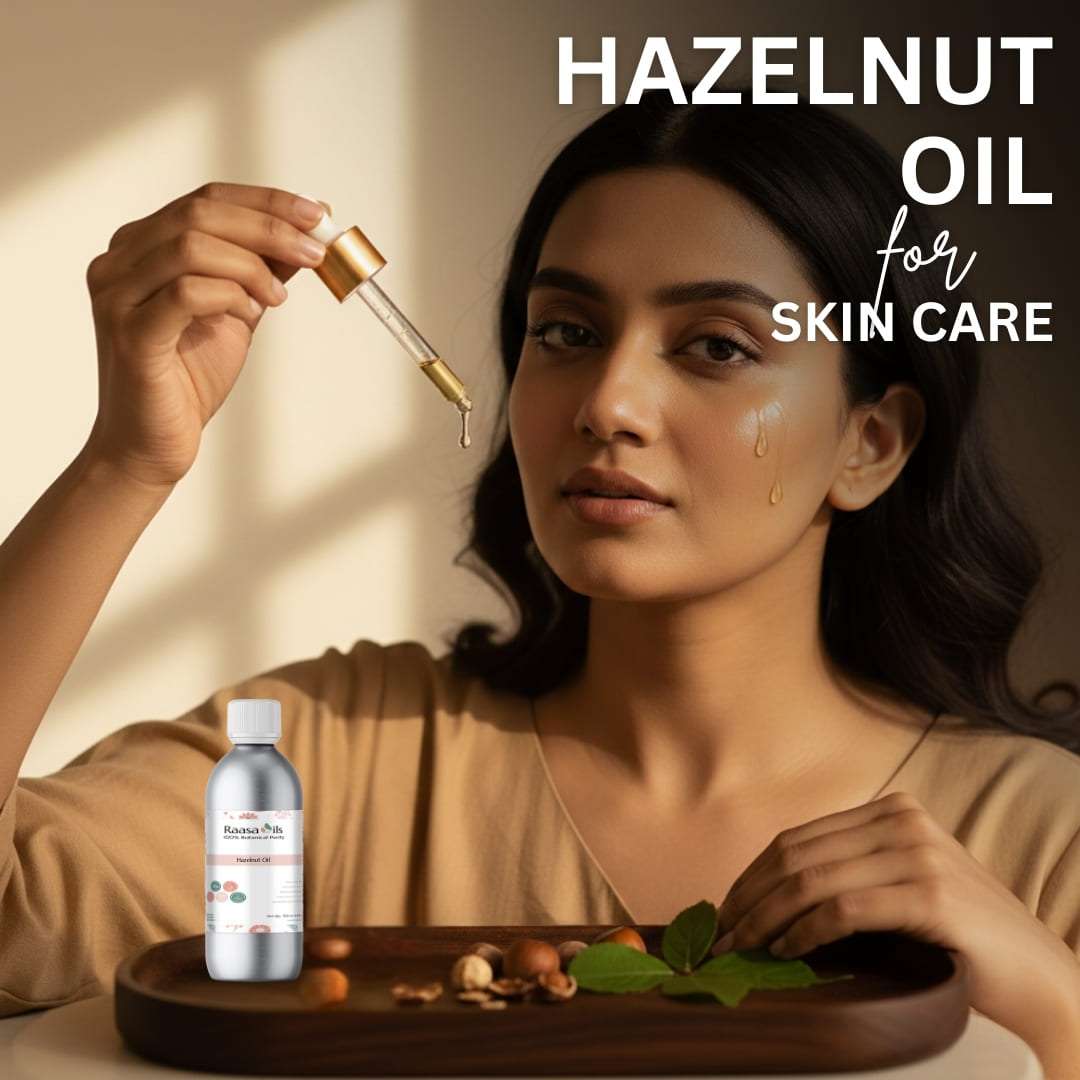 Woman holding hazelnut oil with dropper and bottle, surrounded by hazelnuts and leaves on a wooden tray.