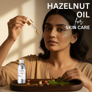 Woman holding hazelnut oil with dropper and bottle, surrounded by hazelnuts and leaves on a wooden tray.