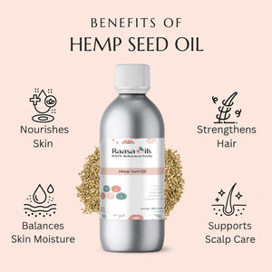 A bottle of Raasa Oils Hemp Seed Oil centered on a pale pink background, surrounded by text callouts about benefits: nourishes skin, strengthens hair, balances skin moisture, and supports scalp care. The bottle is metallic silver with a white cap and a white label featuring small floral accents and product text.