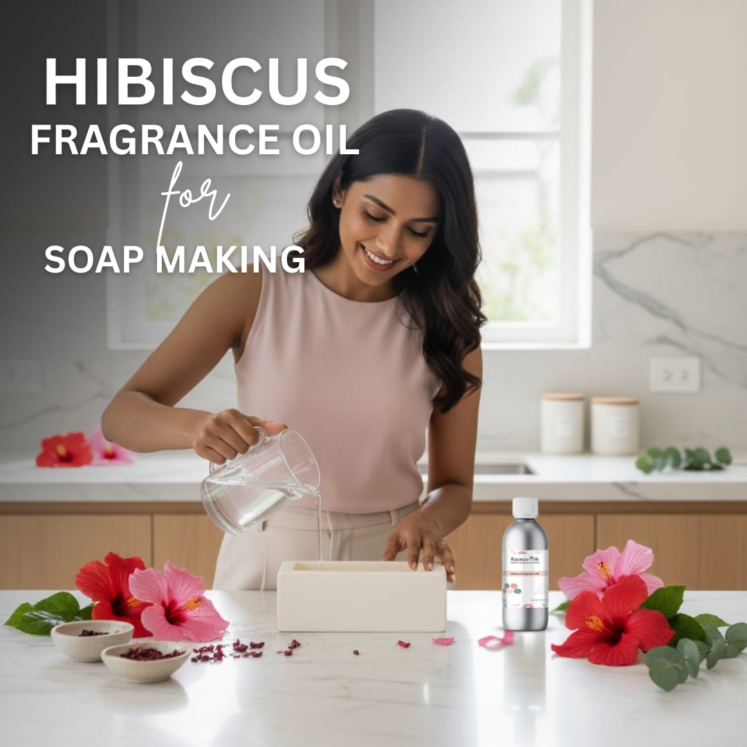 Woman making soap with hibiscus fragrance oil in a kitchen setting