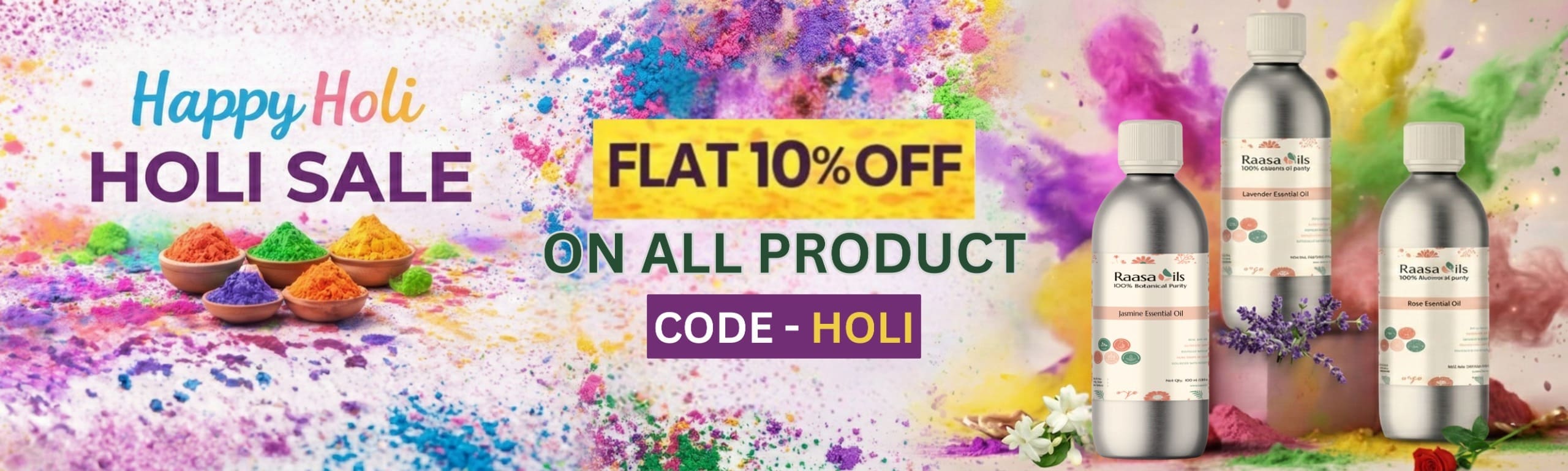 Promotional banner for Holi sale with colorful powder and product bottles.