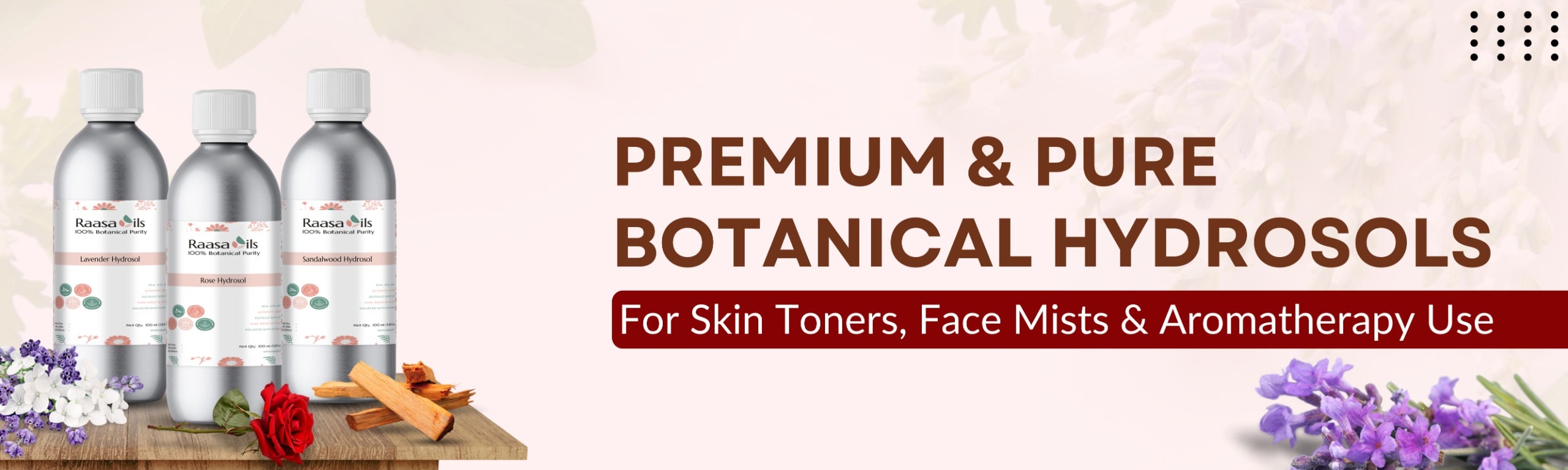 Three bottles of botanical hydrosols with text on a decorative background