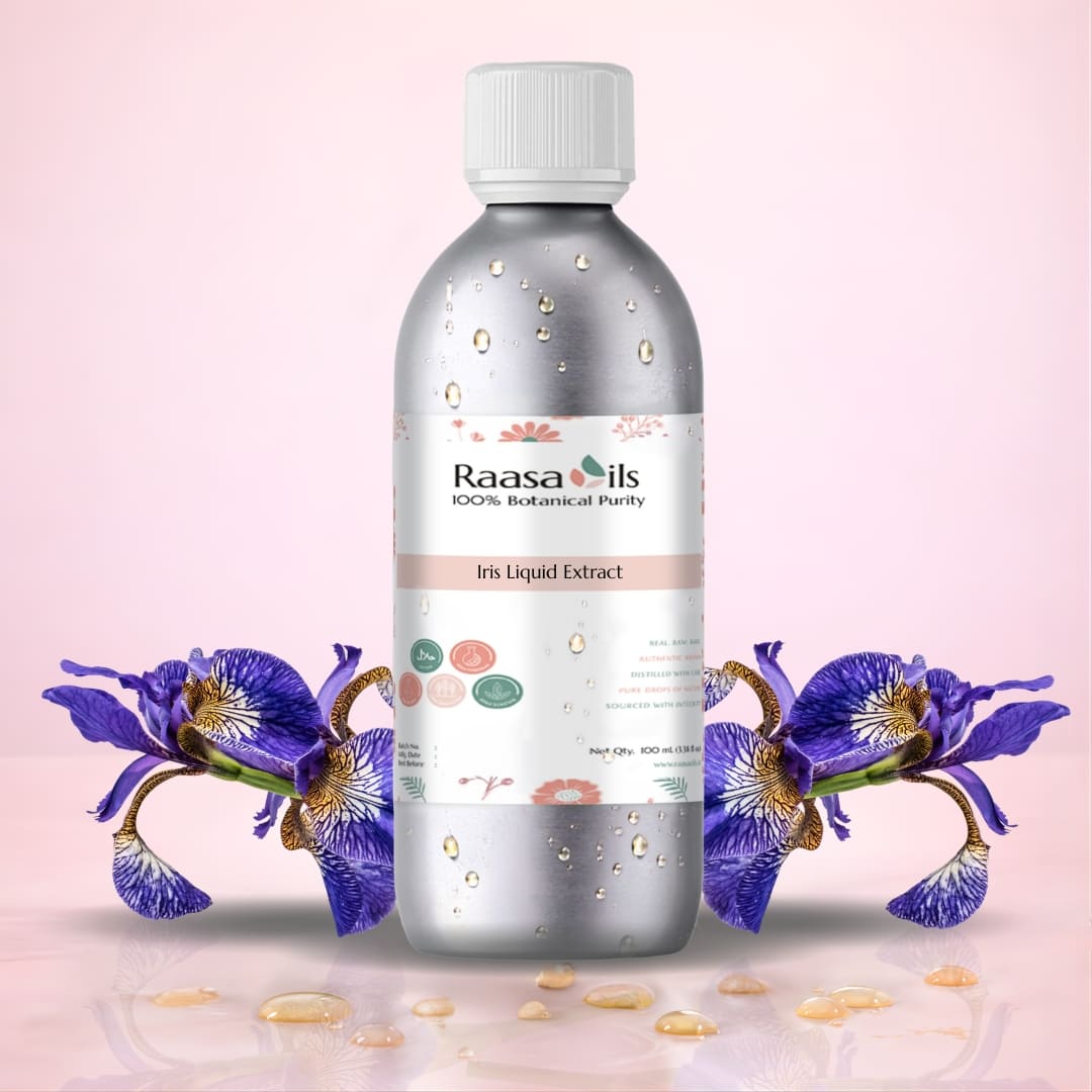 Raasa Oils bottle with iris flowers on a pink background