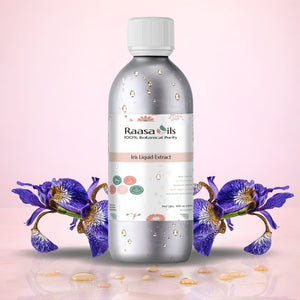 Raasa Oils bottle with iris flowers on a pink background
