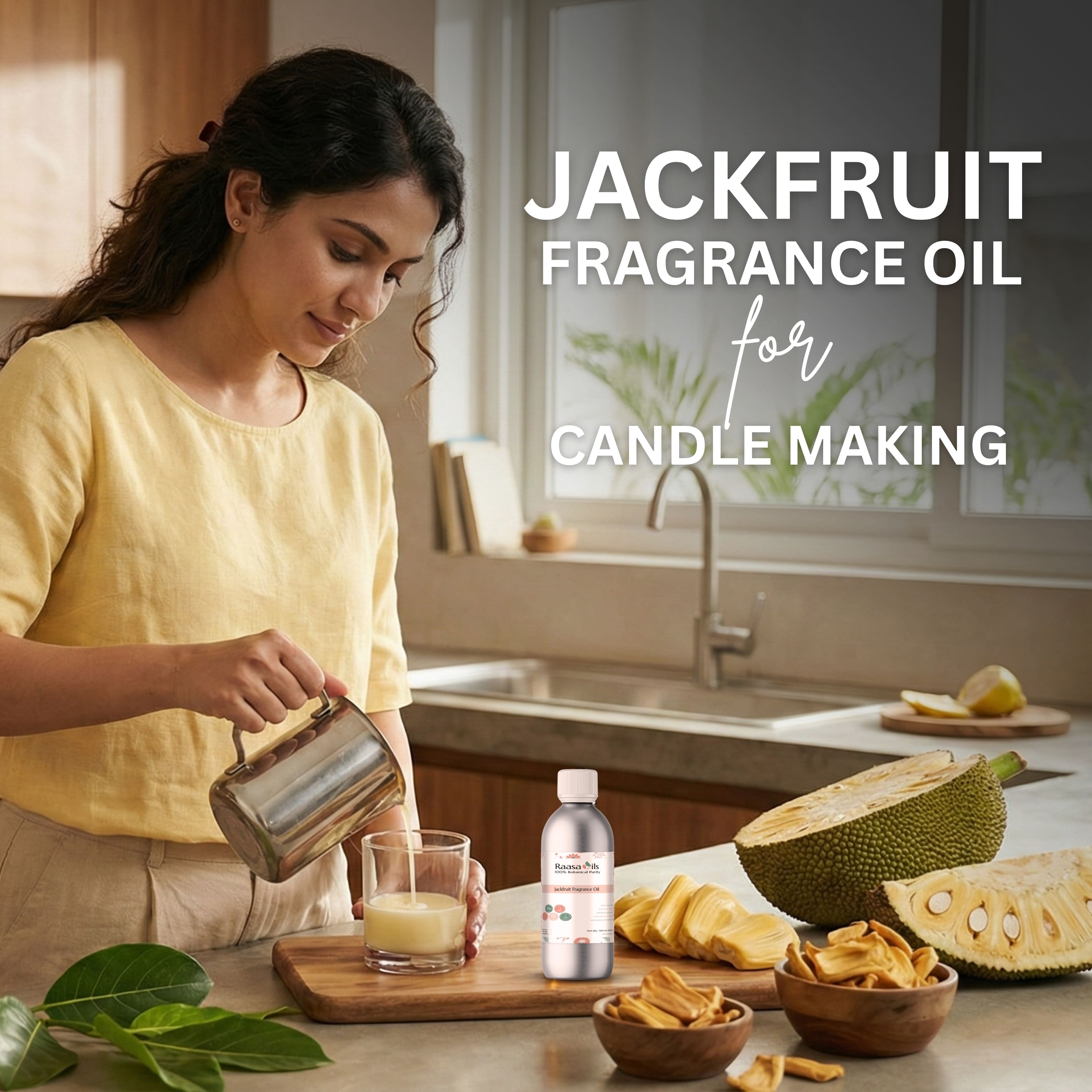 Woman in a kitchen preparing a drink with jackfruit, text about jackfruit fragrance oil for candle making.