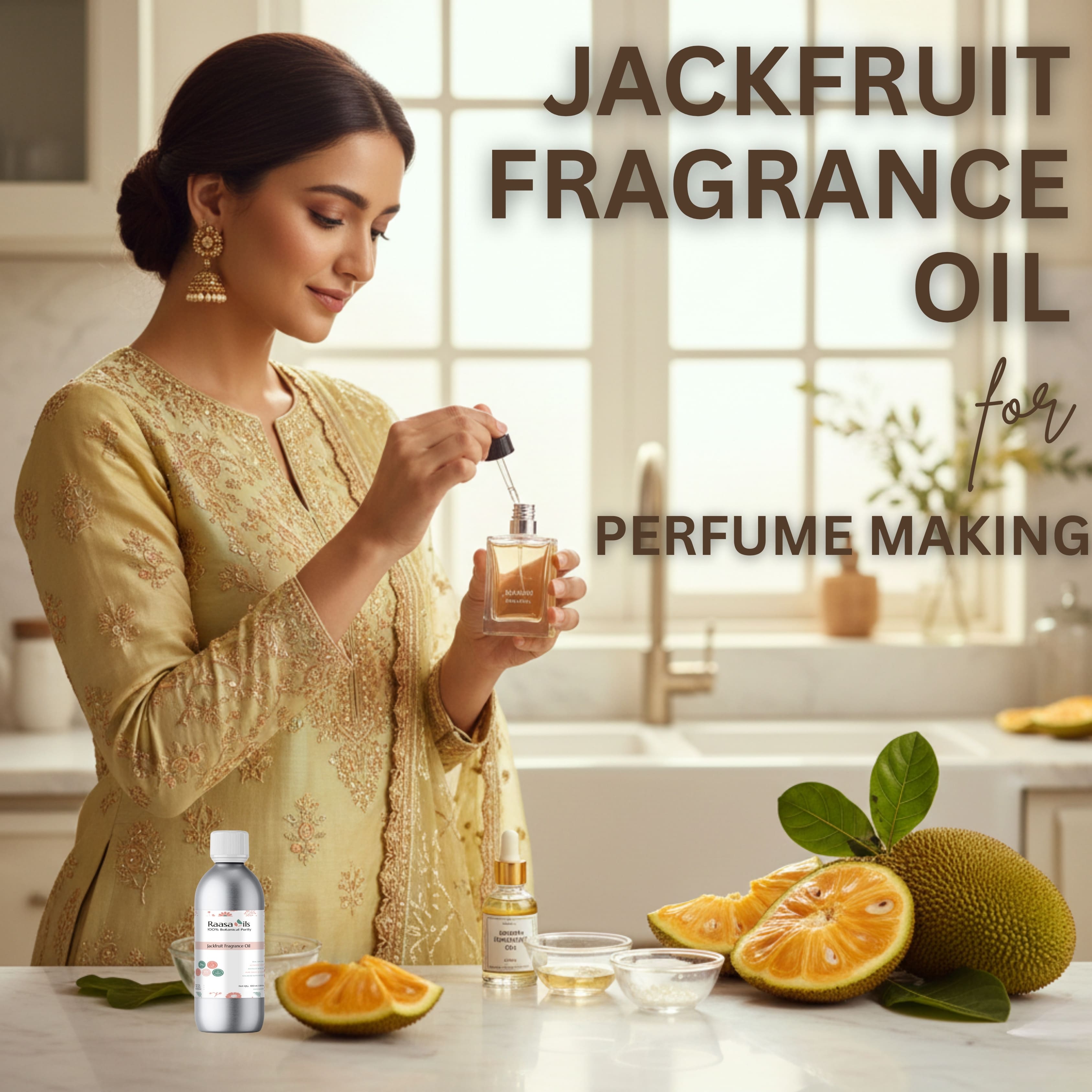 Woman in a kitchen with jackfruit and fragrance oil, promoting jackfruit fragrance oil for perfume making.