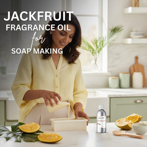 Woman making soap with jackfruit fragrance oil in a kitchen setting