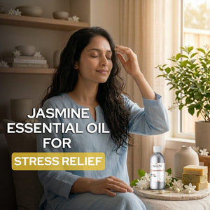 Woman with eyes closed, holding her head in a room with shelves and plants, promoting Jasmine essential oil for stress relief.