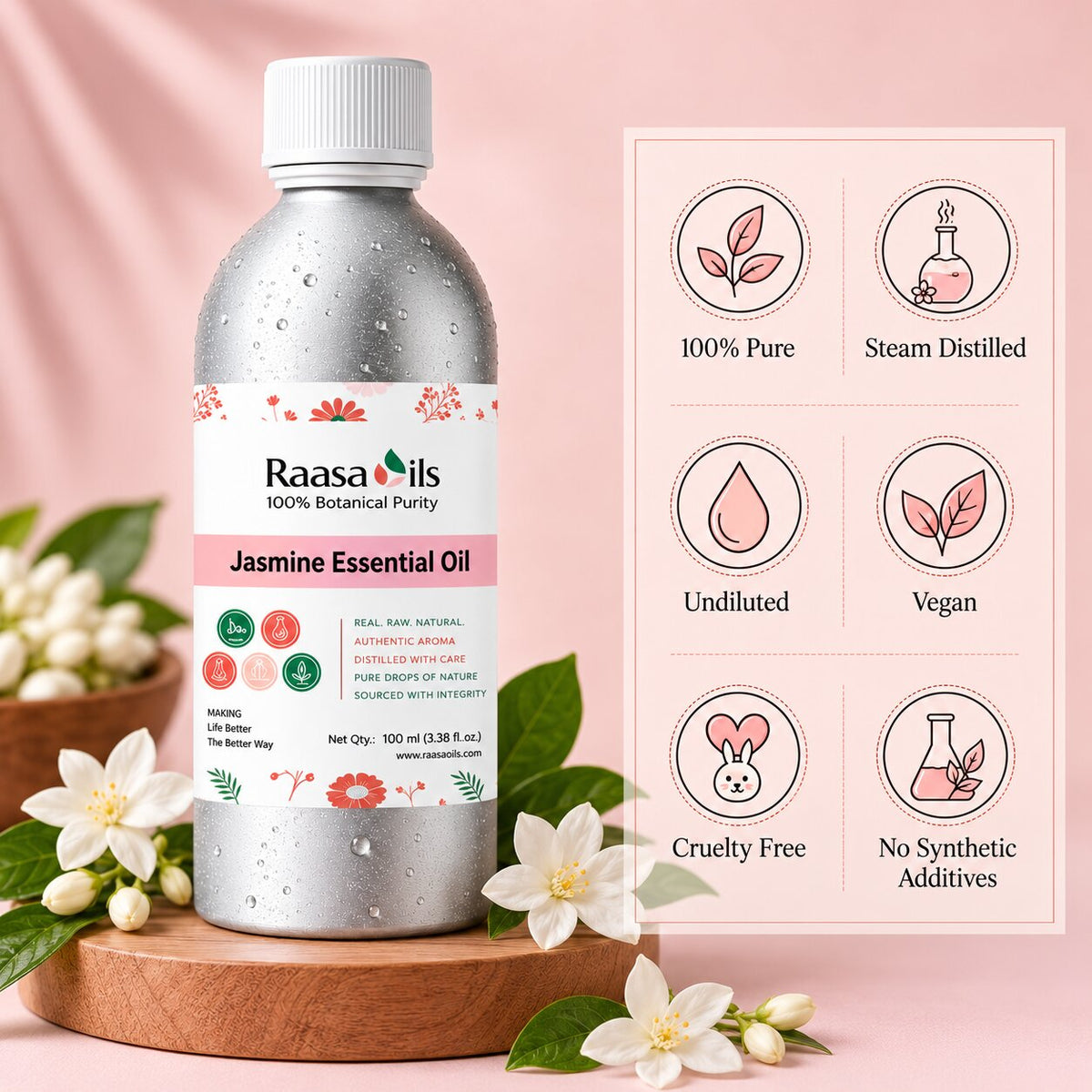 A bottle of Raasa Oils Jasmine Essential Oil displayed on a wooden stand with white jasmine flowers, next to a feature infographic on a soft pink background.