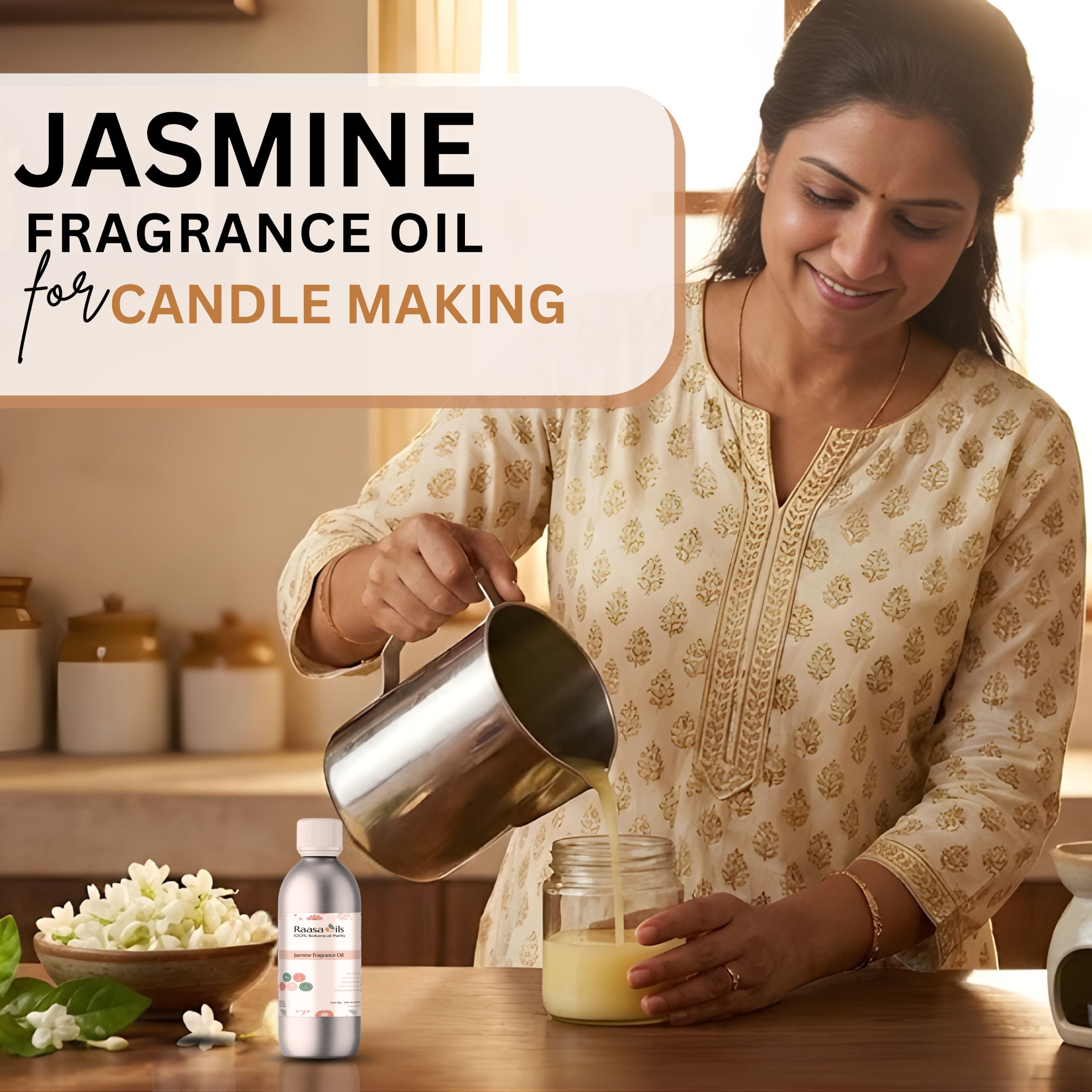 Woman pouring a liquid into a jar with jasmine fragrance oil for candle making.