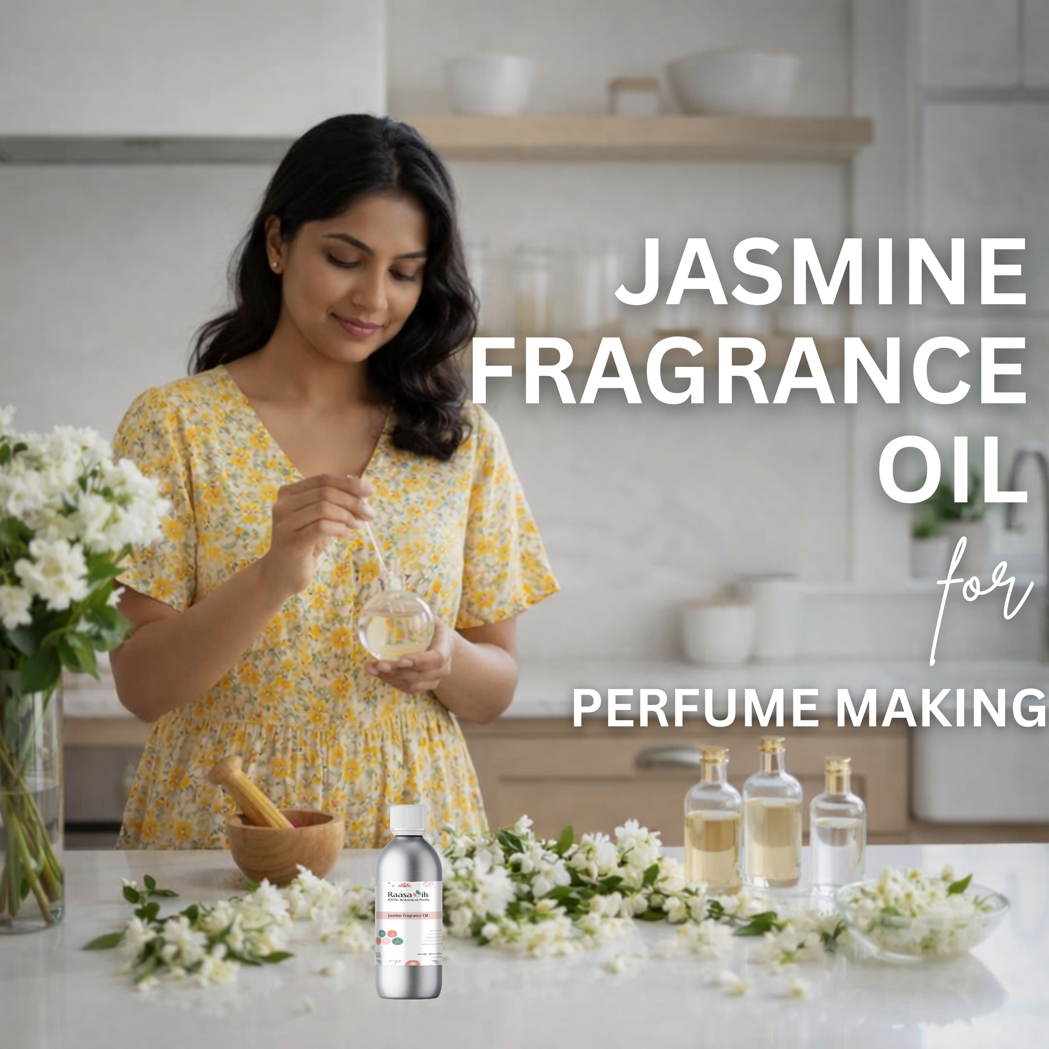 Woman making jasmine fragrance oil in a kitchen setting with text overlay.