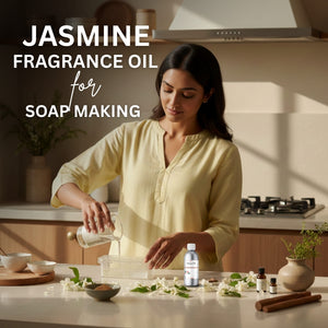 Woman in a kitchen preparing ingredients for soap making with jasmine fragrance oil text overlay.