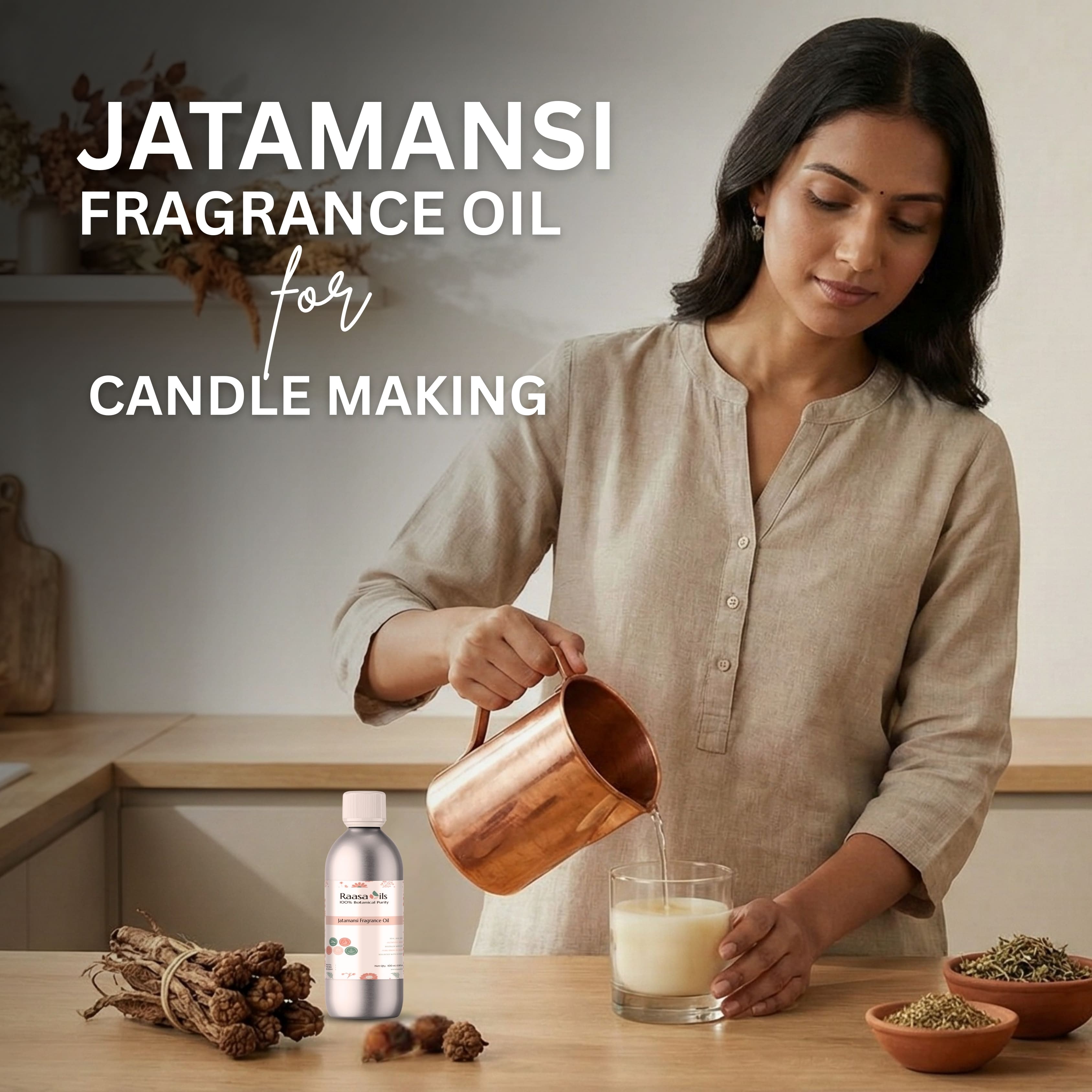Woman pouring liquid into a glass with Jatamansi fragrance oil for candle making on a wooden table.