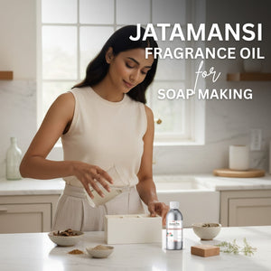 Woman making soap with Jatamansi fragrance oil in a kitchen setting