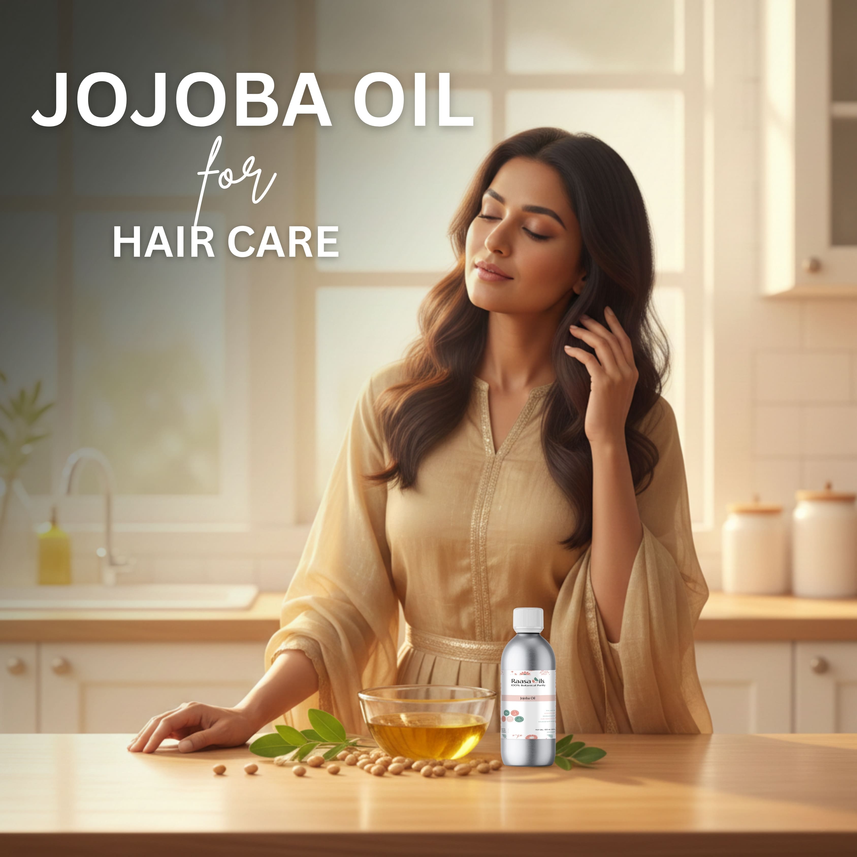 Woman with long hair in a kitchen setting with jojoba oil and beans on a table.
