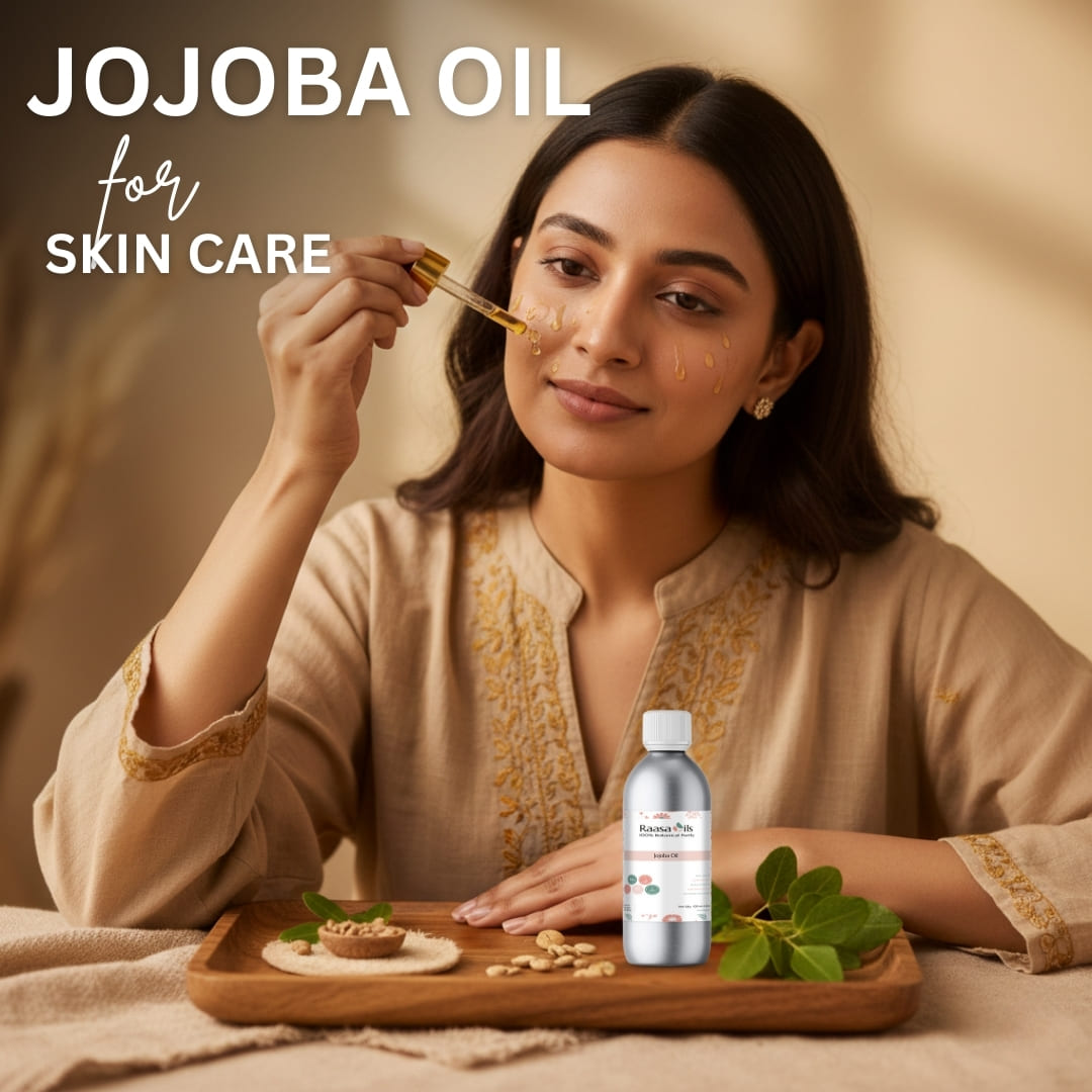 Woman with long hair in a kitchen setting with jojoba oil and beans on a table.
