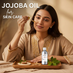 Woman with long hair in a kitchen setting with jojoba oil and beans on a table.