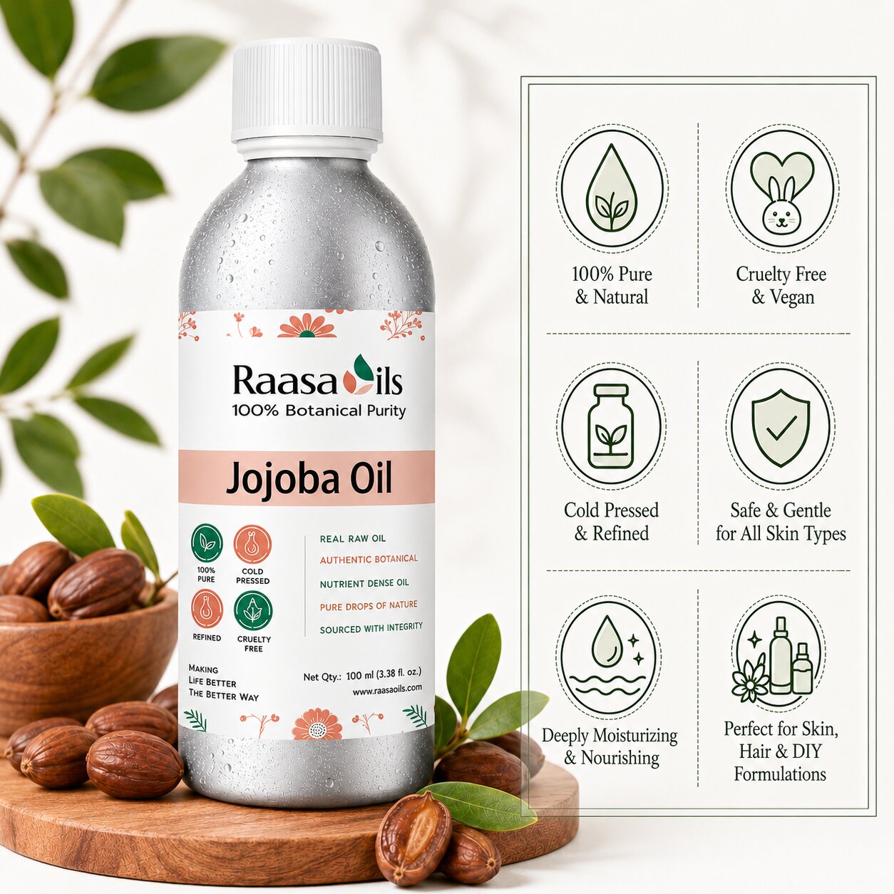 A bottle of Raasa Oils Jojoba Oil centered on a white background, surrounded by jojoba seeds and leaves. To the right is a panel of six icons highlighting product benefits: 100% Pure & Natural, Crupty Free & Vegan, Cold Pressed & Refined, Safe & Gentle, Deeply Moisturizing & Nourishing, and Perfect for Skin, Hair & DIY Formulations.