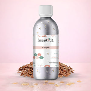 Bottle of Raasa Oils Karanj Oil with seeds on a pink background