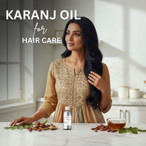 Woman with long black hair in a kitchen setting, promoting Karanj Oil for hair care.