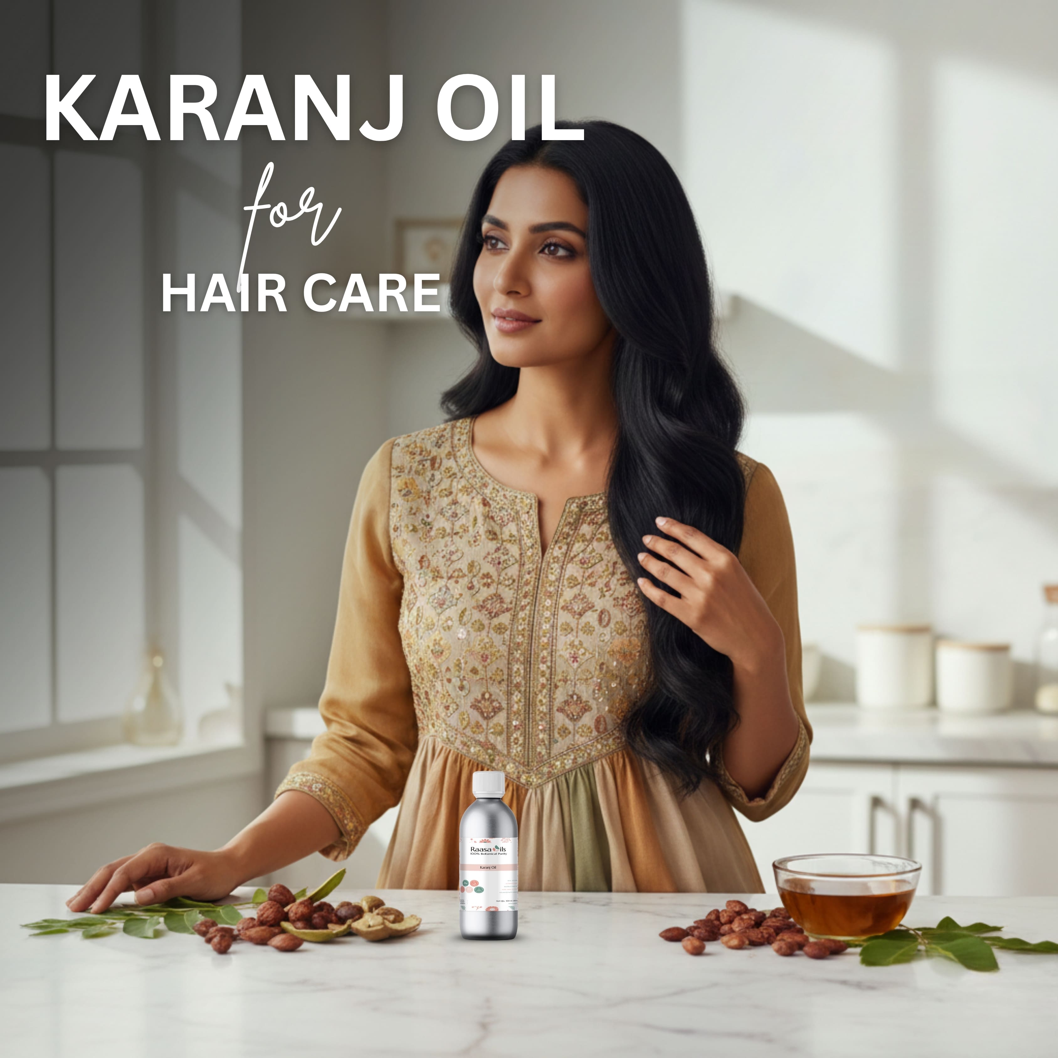 Woman with long black hair in a kitchen setting, promoting Karanj Oil for hair care.