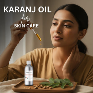 Woman applying Karanj oil to her face with a dropper, surrounded by oil bottle and ingredients on a wooden tray.