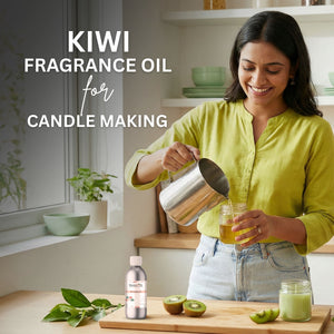 Woman pouring a liquid into a jar with kiwi fragrance oil and kiwis on a cutting board.