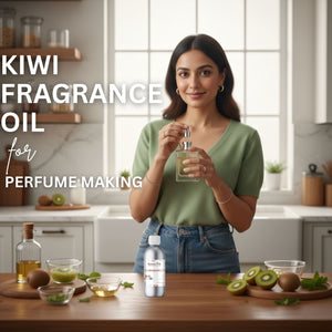 Woman holding a bottle of kiwi fragrance oil in a kitchen setting with ingredients on the table.