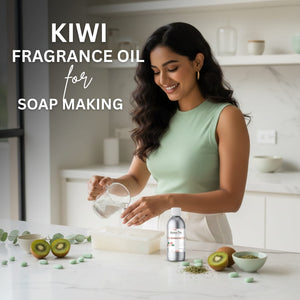 Woman in a kitchen preparing ingredients for soap making with kiwi fragrance oil text overlay.