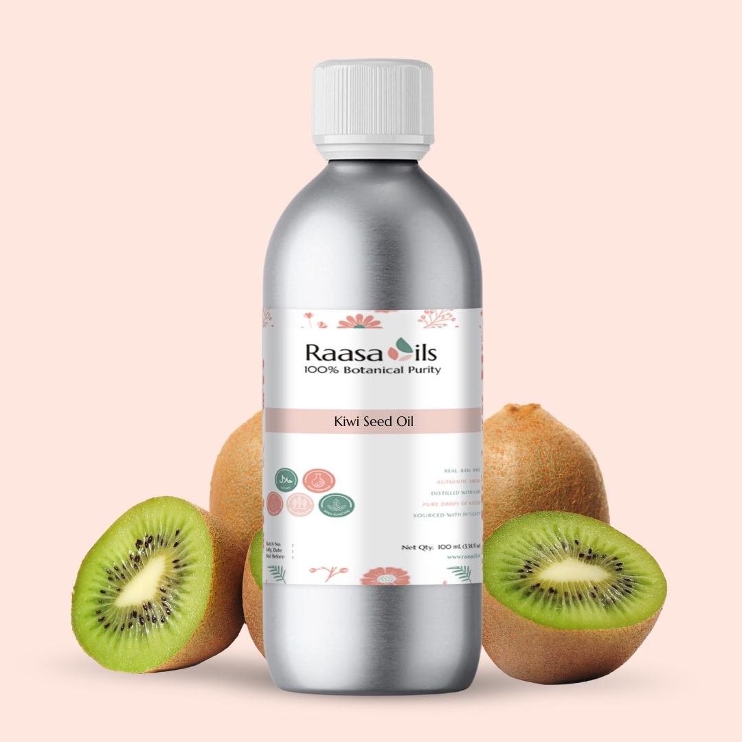 Bottle of Raasa Oils Kiwi Seed Oil with kiwi fruits on a beige background