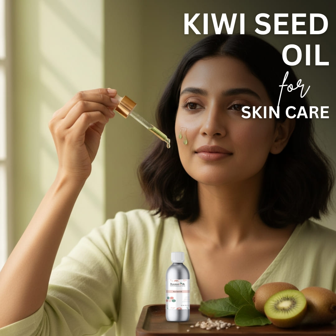 Woman applying kiwi seed oil to her face with a dropper, surrounded by kiwis and oil bottle.