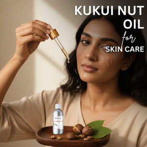 Woman with Kukui Nut Oil for skin care, dropper, and nuts on a tray.
