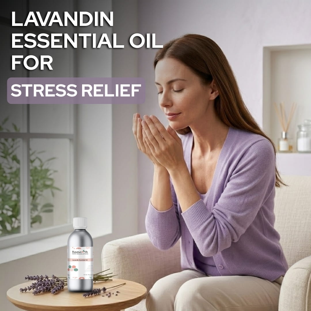 Woman holding a bottle of Lavandin essential oil for stress relief in a home setting.