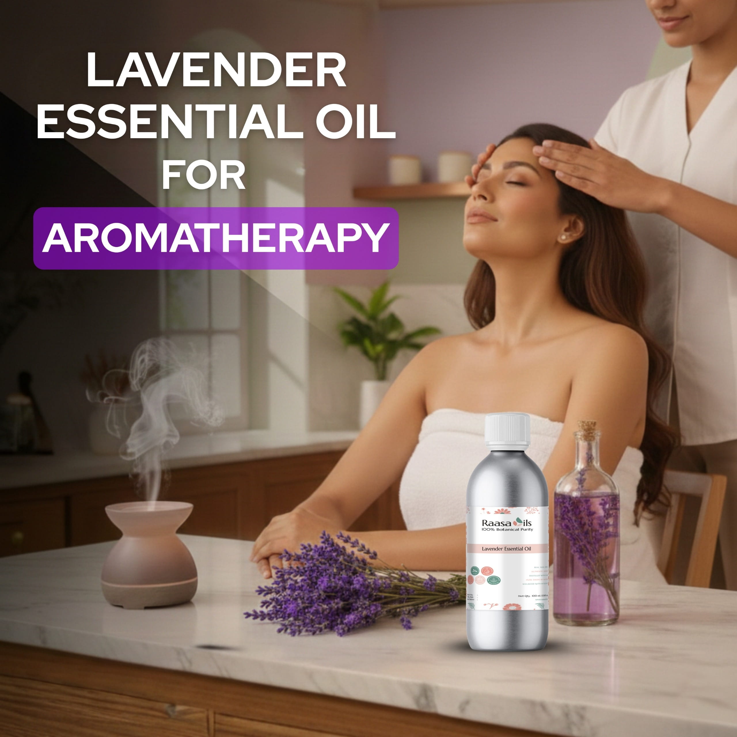 Woman receiving a lavender essential oil massage with a bottle of lavender essential oil on a table.