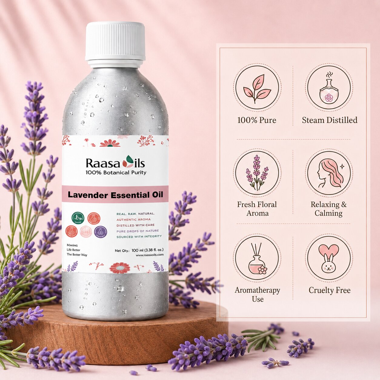 A bottle of Raasa Oils Lavender Essential Oil displayed on a wooden pedestal with lavender sprigs, next to an informational graphic detailing product benefits.